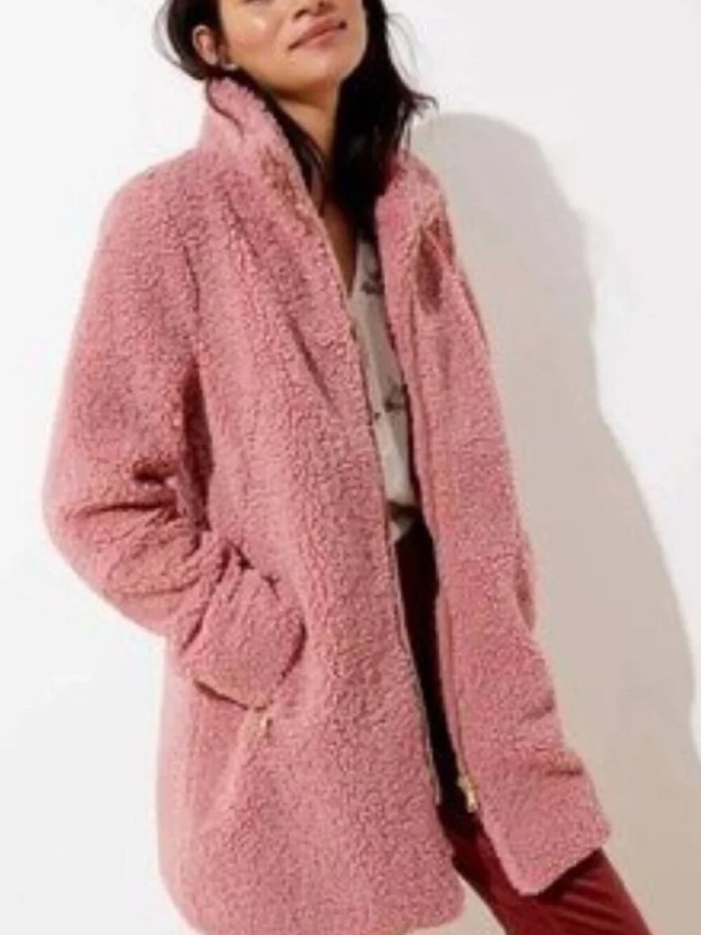 LOFT Sherpa Teddy Coat Jacket Mock Neck Pink Size Small S EUC